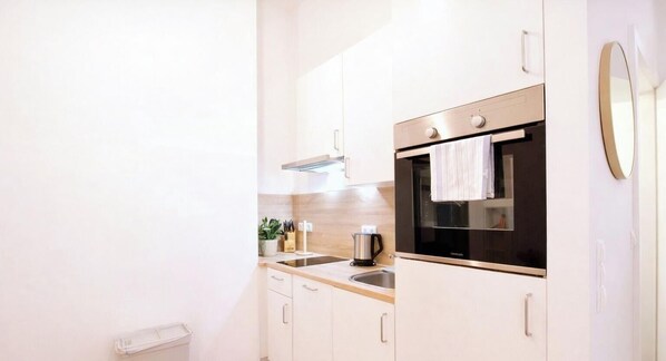 A compact kitchen with a built-in oven, a sink, and a countertop with a kettle and a plant. - LOVELY HOME private TERRACE (Vienna)