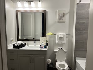 Hair dryer, towels, soap, shampoo