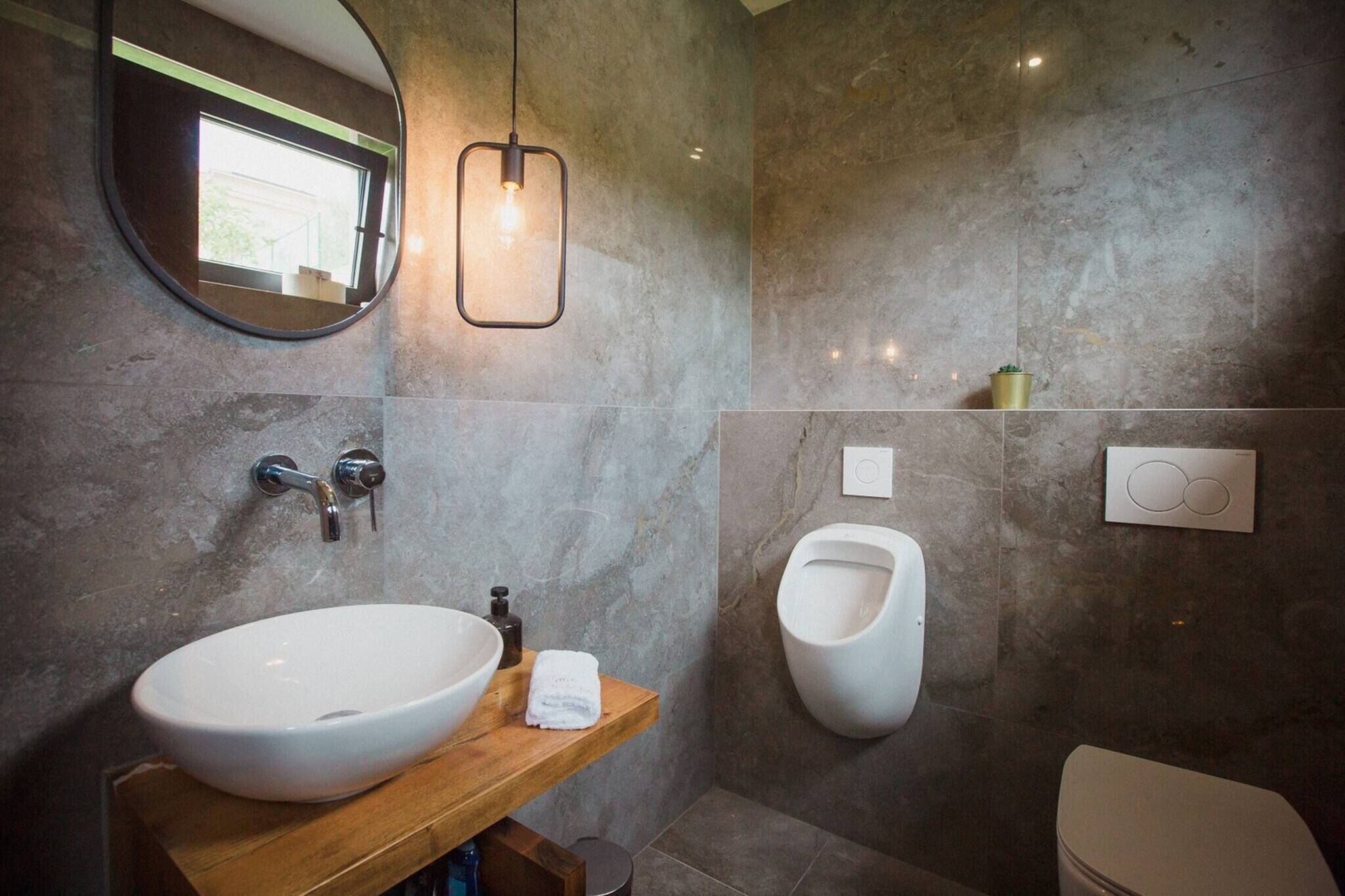 Ein modernes Badezimmer mit einem großen, ovalen Waschbecken, einem Spiegel, einem Urinal und einer Toilette.