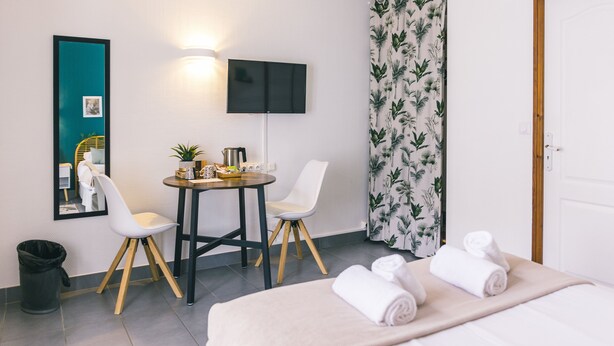 A hotel room with a bed, two chairs, a small table with a plant, a TV, and a shower curtain with a leaf pattern. - Le Soleil D'or (Montigny-la-Resle)