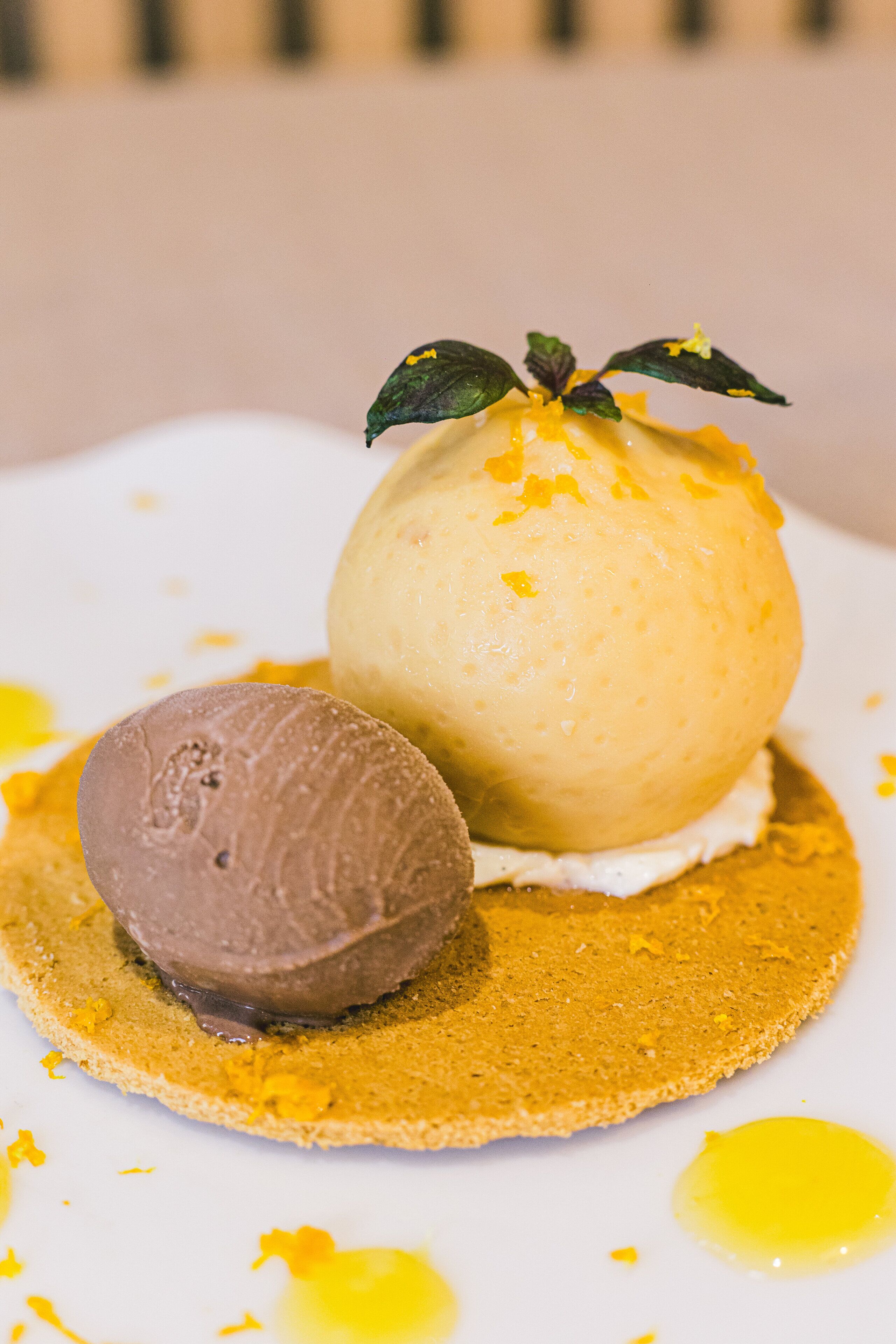 A dessert with a scoop of chocolate ice cream and a scoop of vanilla ice cream on a plate with a yellow garnish.