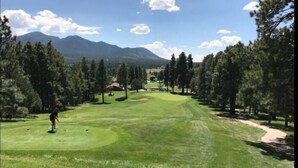 Un parcours de golf offrant une vue dégagée sur le green, les allées et les arbres environnants.
