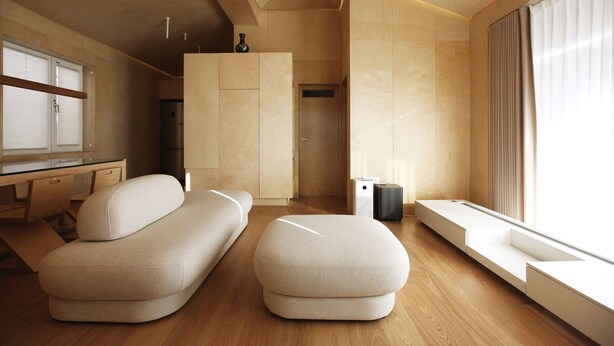 A modern, minimalist room with a wooden floor, a sofa, a bench, and a window with curtains. - Homegarden Park (Pyeongtaek)