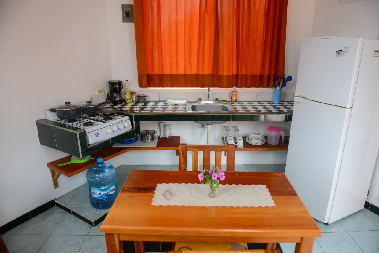 A compact kitchen with a gas stove, sink, and a refrigerator.