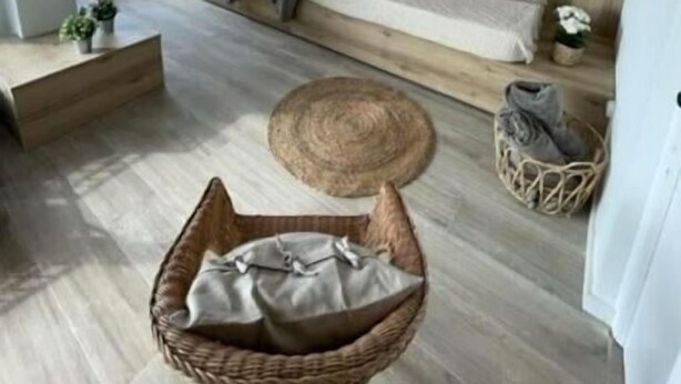 Una sala de estar moderna con una pared de madera, un sofá, una mesa de centro y vista al mar.