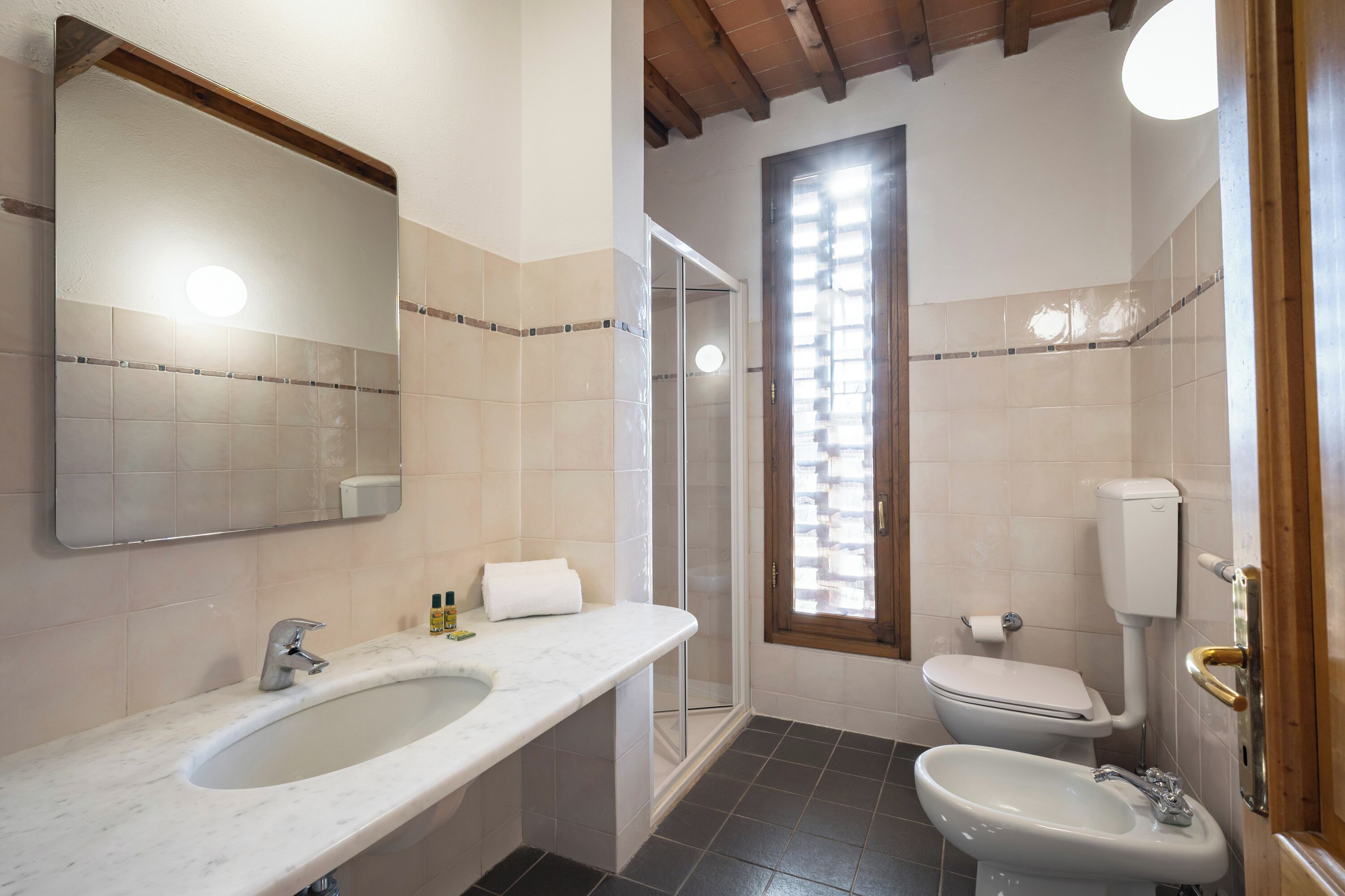 A bathroom with a sink, mirror, toilet, bidet, and shower.