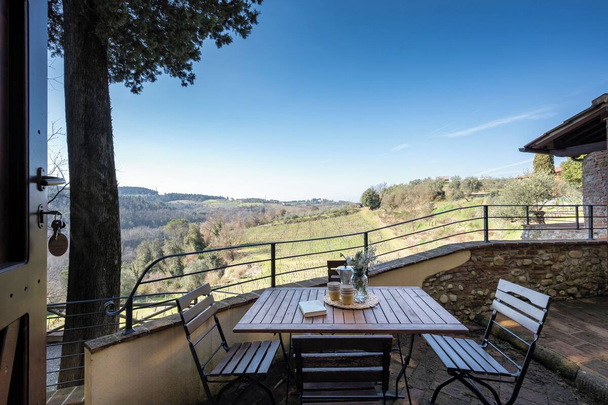 Eine Terrasse im Freien mit Tisch und Bänken, mit Blick auf einen Weinberg.