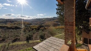 Un patio con vistas a un paisaje montañoso, una chimenea de ladrillo y una terraza de madera.