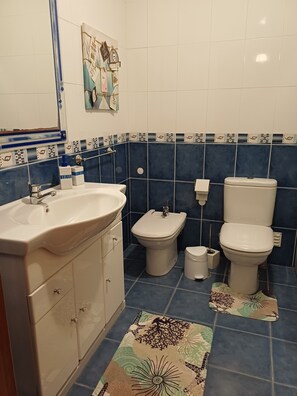 Jetted bath, bidet, towels, toilet paper