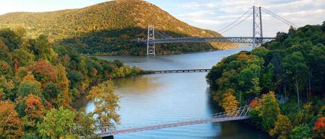 A suspension bridge over a river surrounded by autumn foliage.