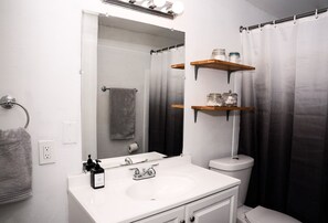 Secador de cabelo, toalhas de banho, sabonete, shampoo