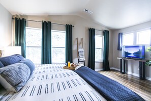 3 bedrooms, blackout curtains, iron/ironing board, travel cot