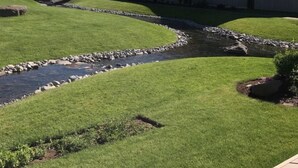 Un quartier résidentiel avec une pelouse bien entretenue, un petit ruisseau et des maisons aux toits en pente.