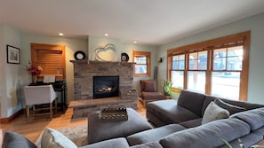 Smart TV, fireplace, books
