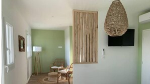 Une pièce dotée d’un plancher en bois, d’un luminaire suspendu en osier, d’un téléviseur fixé au mur et d’une chaise avec un siège en fibres tressées.