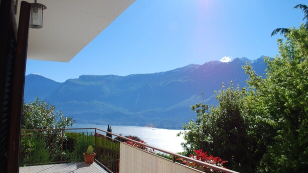 Uma varanda com vista para um lago e montanhas, um vaso de planta e um corrimão.