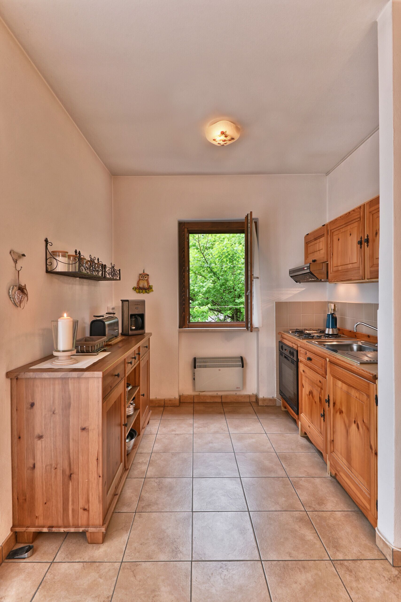 Une cuisine compacte avec des meubles en bois, un four encastré, une machine à café et une fenêtre donnant sur un espace verdoyant.