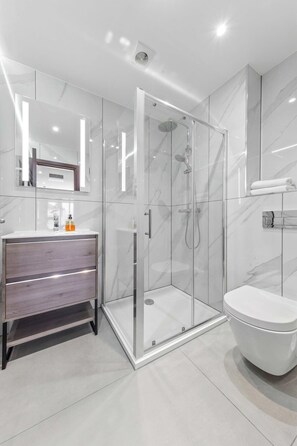 Shower, hair dryer, towels, shampoo