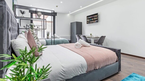 A modern bedroom with a bed, a desk, and a chair. There is a plant in the corner.