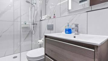 Chuveiro, secador de cabelo, toalhas de banho, shampoo