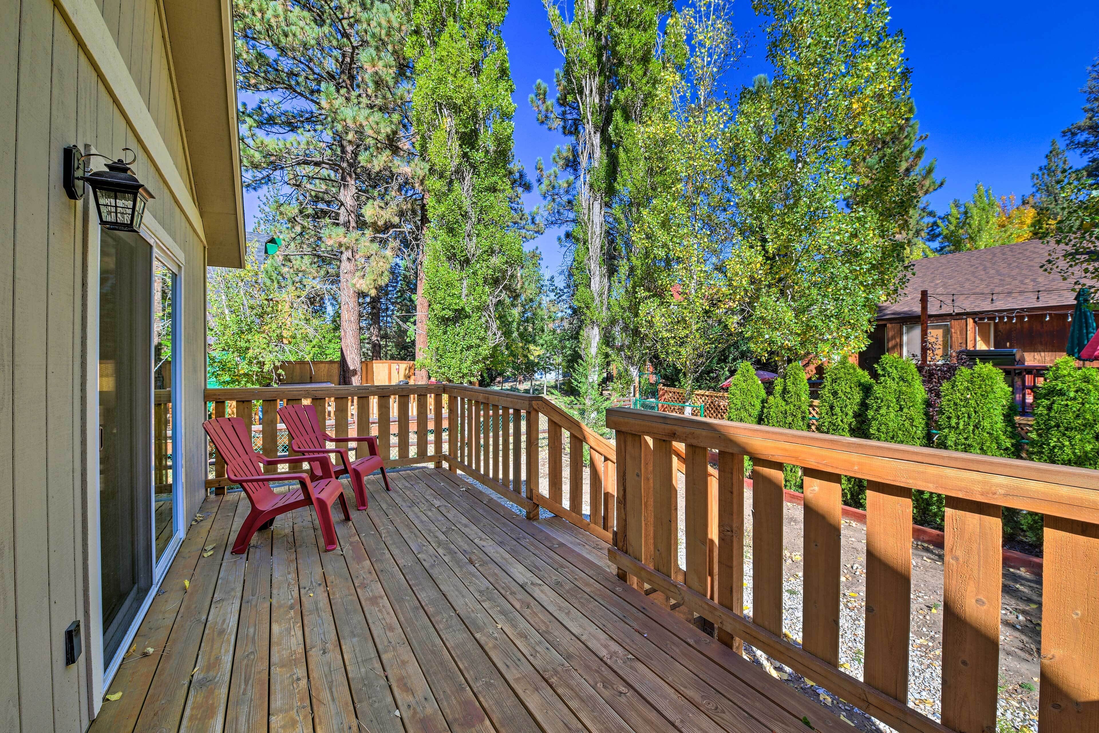 A wooden deck with red chairs, surrounded by tall trees and a clear blue sky.
