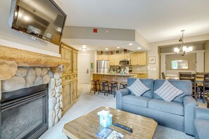 Apartment (1 Bedroom) | Living area | TV, fireplace - Walk to Lifts: Condo w/ Copper Mtn Views in Frisco (Copper Mountain)