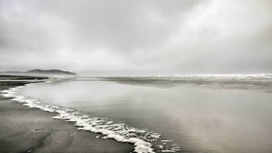 A beach with a calm sea and a cloudy sky. - 1 Block to Long Beach! Adorable Downtown Studio (Long Beach)