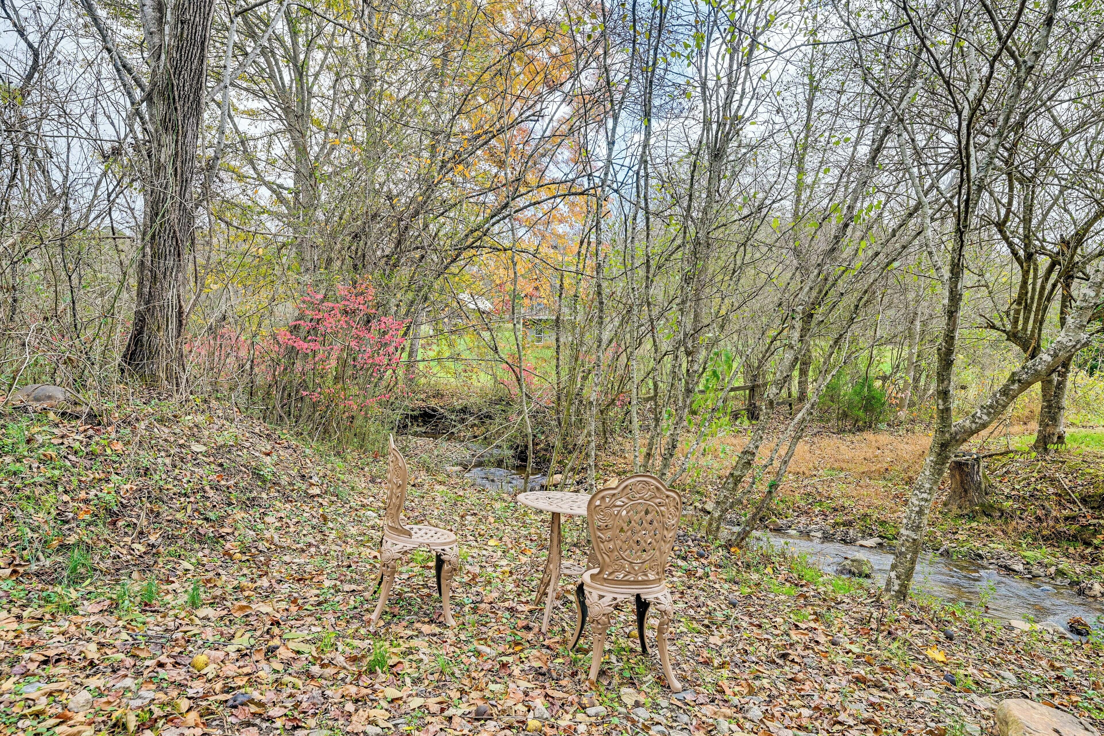A rustic outdoor seating area with a table and two chairs surrounded by trees and a stream.