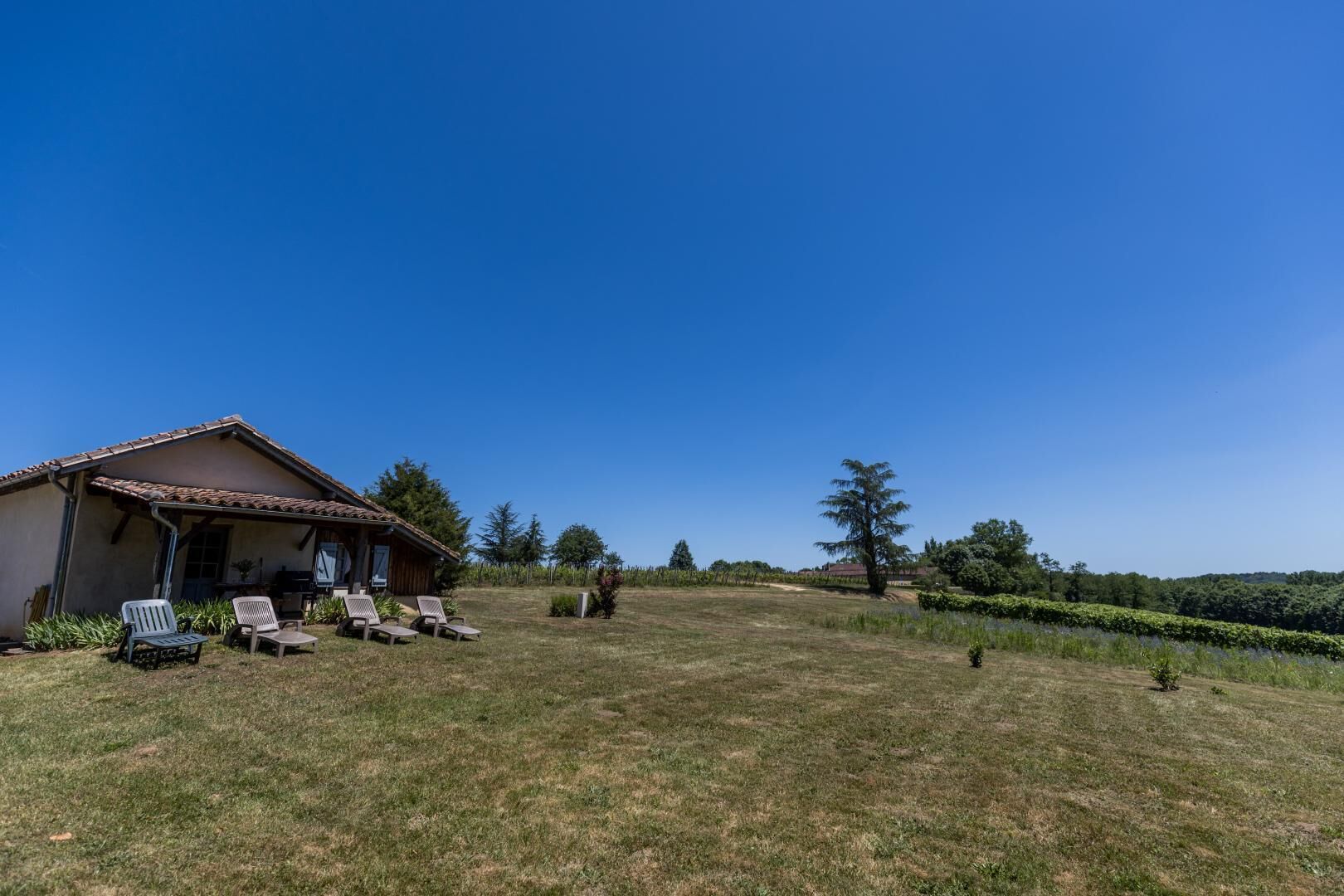 Ein Haus mit Ziegeldach, einer Terrasse mit Liegestühlen und einem Rasen.