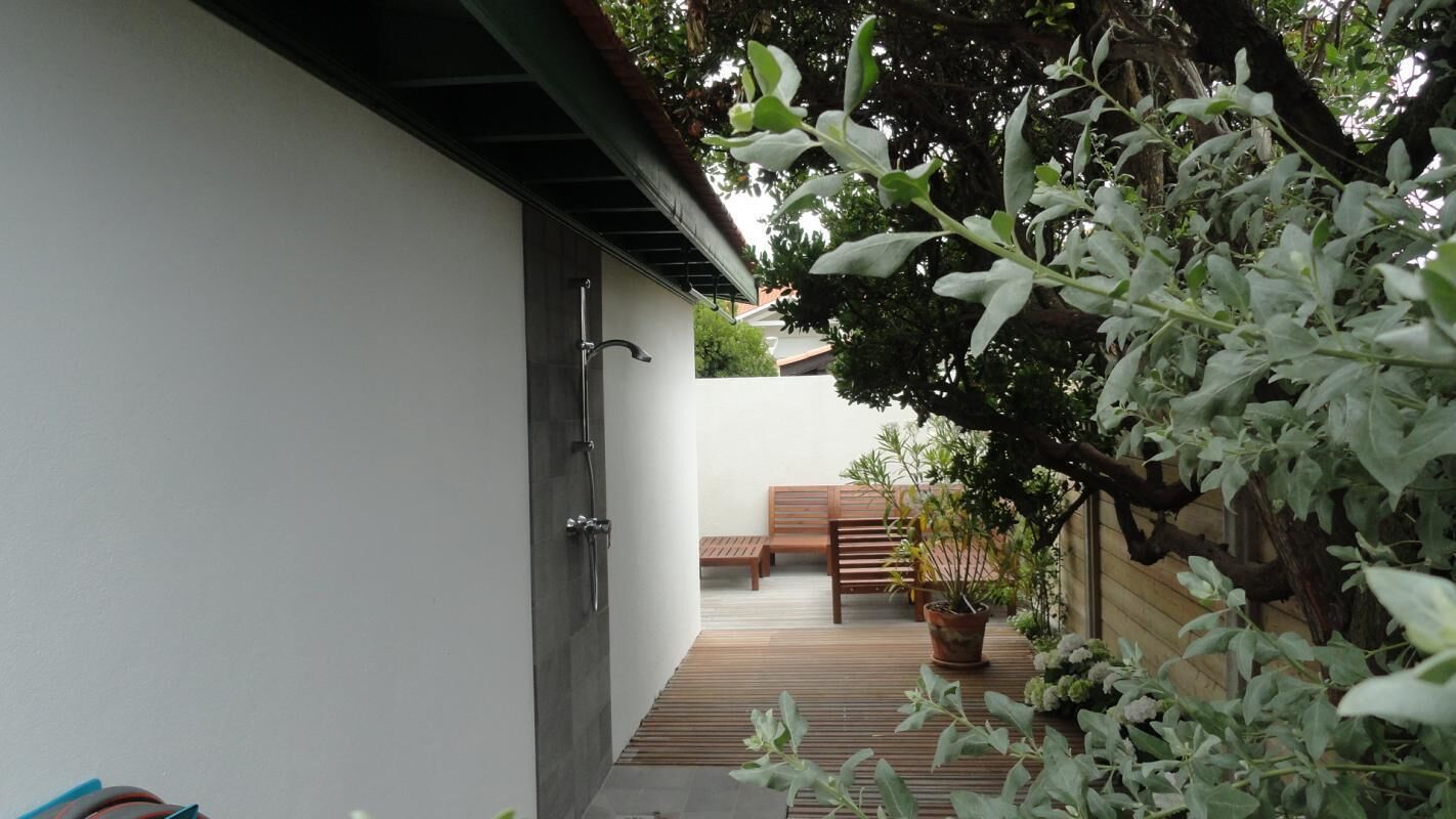 Un sendero que lleva a una banca de madera y una planta en maceta, con una puerta metálica y una pared a un lado.