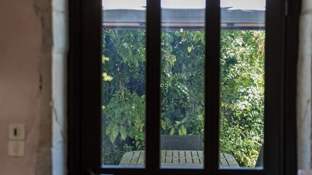 Une porte noire avec une fenêtre, donnant sur un balcon agrémenté de plantes.