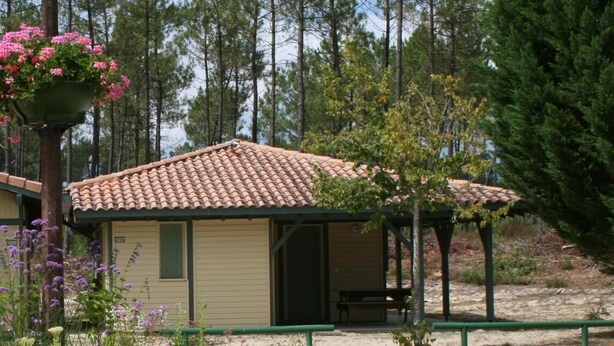 A small building with a tiled roof, a green door, and a bench outside. - Les Genêts - Brocas - Gîte (BROCAS)