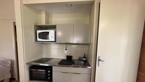 A compact kitchenette with a microwave, oven, and sink. - Les Ajoncs - Brocas - Gîte (BROCAS)