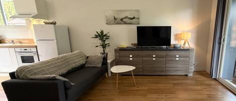 A modern living room with a sofa, a small table, a TV, and a plant.
