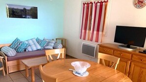A cozy living area with a wooden dining table, a sofa with patterned cushions, a television, and a window with curtains. - Chalosse - Mugron - Gîte (MUGRON)