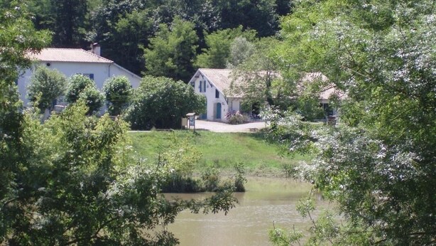 Een vredige omgeving aan het meer met twee huizen, waarvan één groter en één kleiner, omgeven door weelderige begroeiing en bomen.