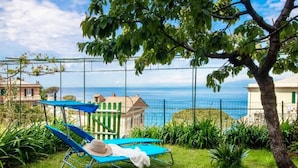 A blue chair with a straw hat and a white cloth, a green fence, and a view of the sea. - Cherry Tree House-Affitti Brevi Italia (Recco)