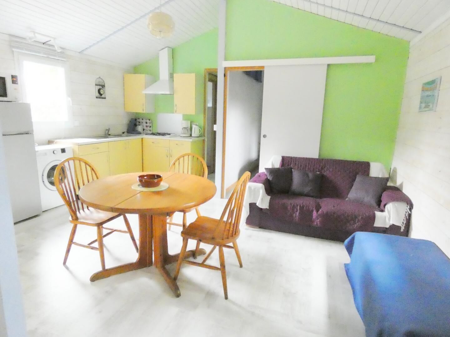 Um espaço compacto com área de refeições, sofá e cozinha compacta.
