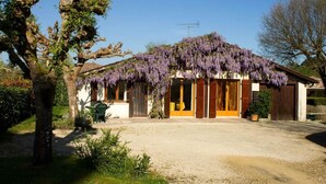 A house with a covered porch, a gravel driveway, and a large tree in the foreground. - Gîte de la Mousque - Castets (CASTETS)