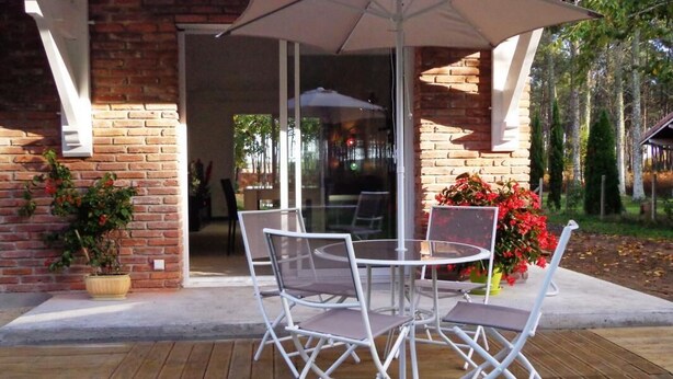 Une terrasse extérieure avec une table ronde et quatre chaises, un grand parasol et des plantes en pot.