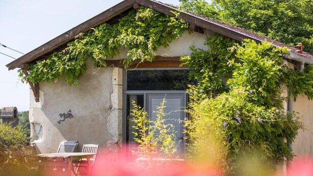 Un bâtiment rustique, doté d’un toit en pente, de murs couverts de lierre et d’un petit porche avec deux chaises.