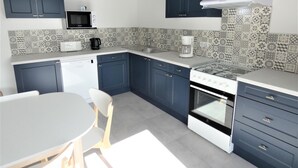 Une cuisine moderne avec des meubles de couleur bleu foncé, un plan de travail blanc, un four à micro-ondes encastré, une machine à café et une cuisinière.
