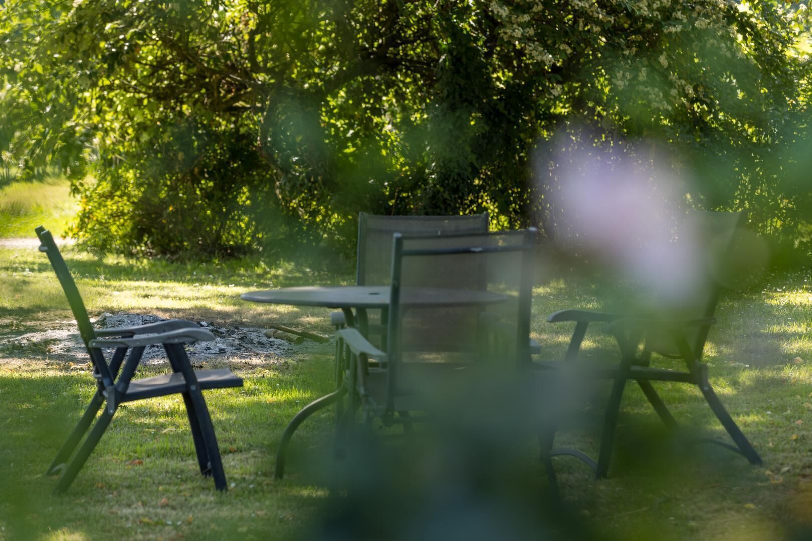 A picnic table and chairs in a grassy area with trees in the background.