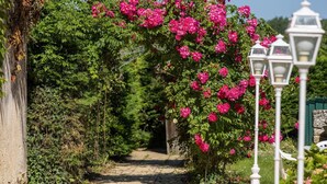 Ein von üppigem Grün und rosa Blumen gesäumter Weg, der zu einem weißen Laternenpfahl führt.