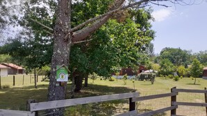A wooden fence with a birdhouse attached to a tree.