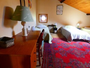 A cozy room with a wooden table, a red patterned rug, two beds, and a small window. - Arnaou - Saint LON LES Mines (SAINT LON LES MINES)