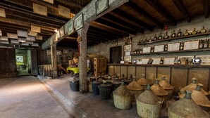 Une cave rustique avec des barils en bois, un coin bar avec des bouteilles et des certificats encadrés accrochés aux murs.