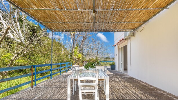An outdoor patio with a table and chairs, a blue railing, and a covered area with a bamboo roof. - 3335 Podere Li Noci by Barbarhouse (Melendugno)