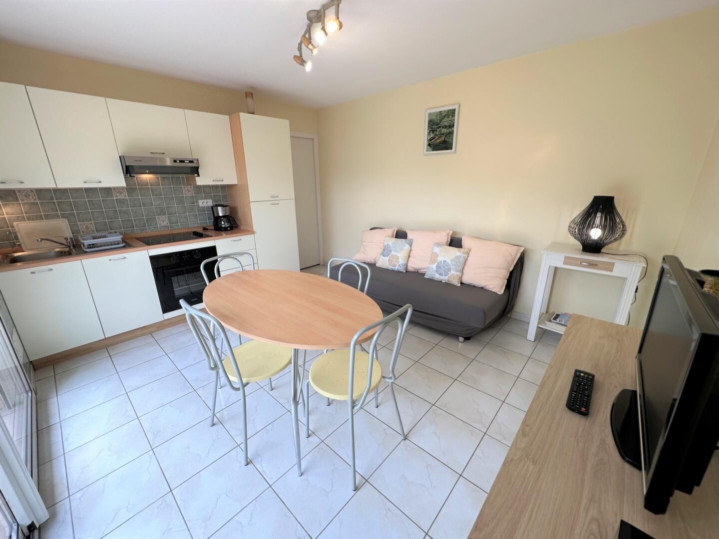 A compact kitchen with a dining area, a sofa, and a TV.