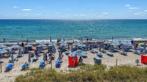 En strand med rader av blå- och vitrandiga parasoller och solstolar.